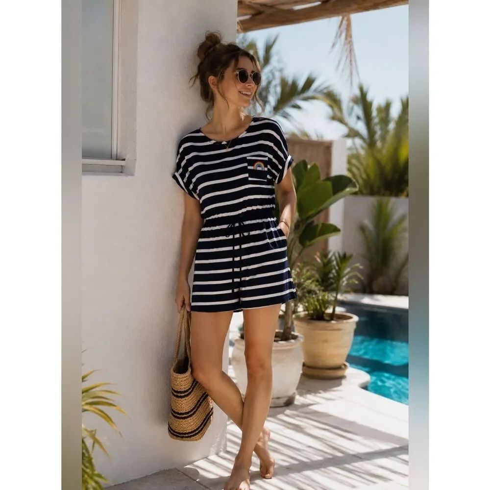 TU Short-Sleeved Navy & White Striped Romper Size 14
